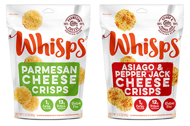 Whisps Parmesan Cheese Crips and Asiago & Pepper Jack Cheese Crisps packaging